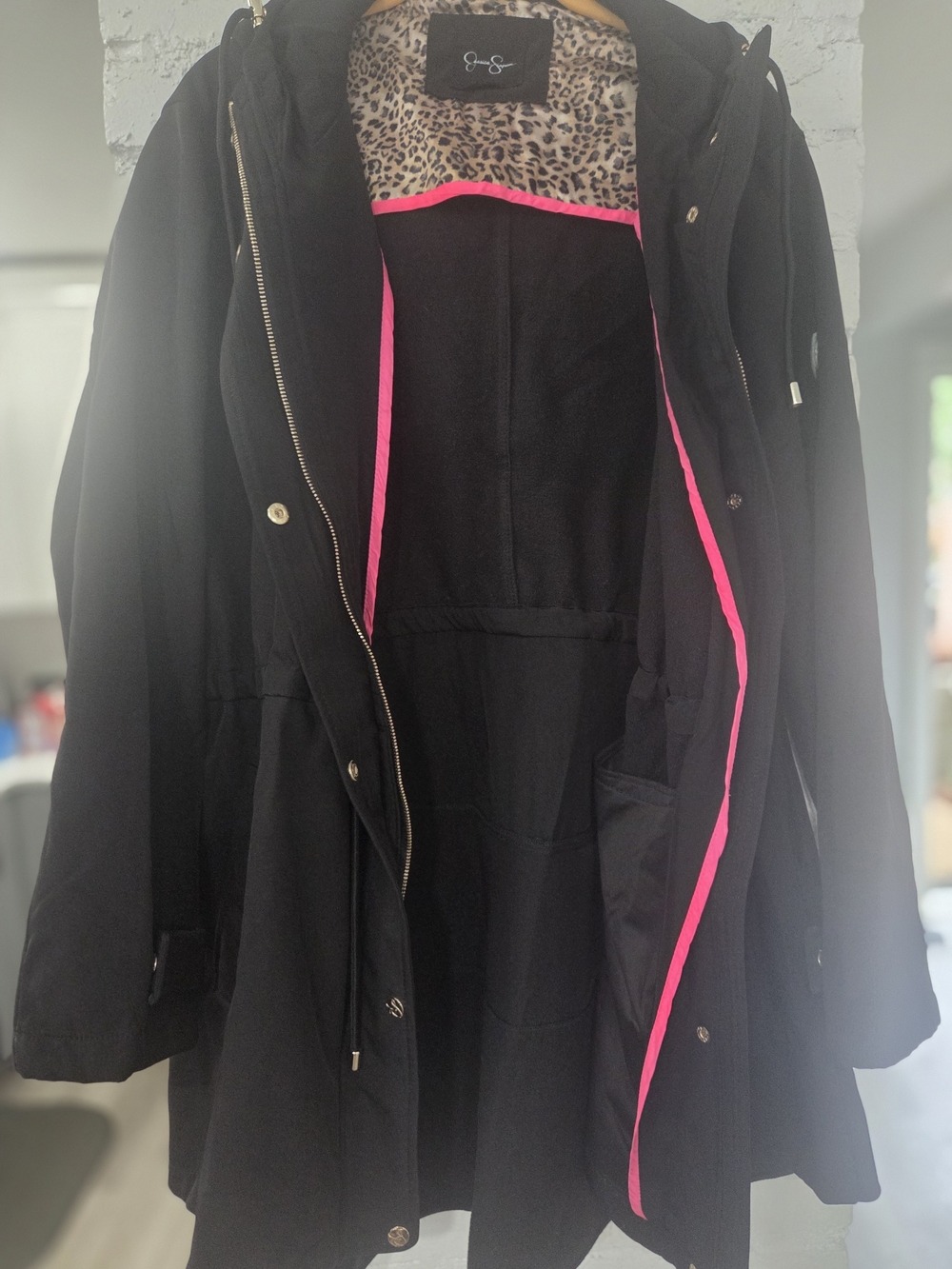 Jessica Simpson Black Utility Hooded Jacket Ruffle Back Leopard Inside Trim - XL - Picture 9 of 11